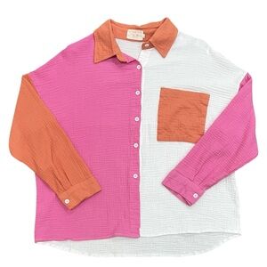 JadyK Orange Pink Color Block Gauze Button Up Top Size XL